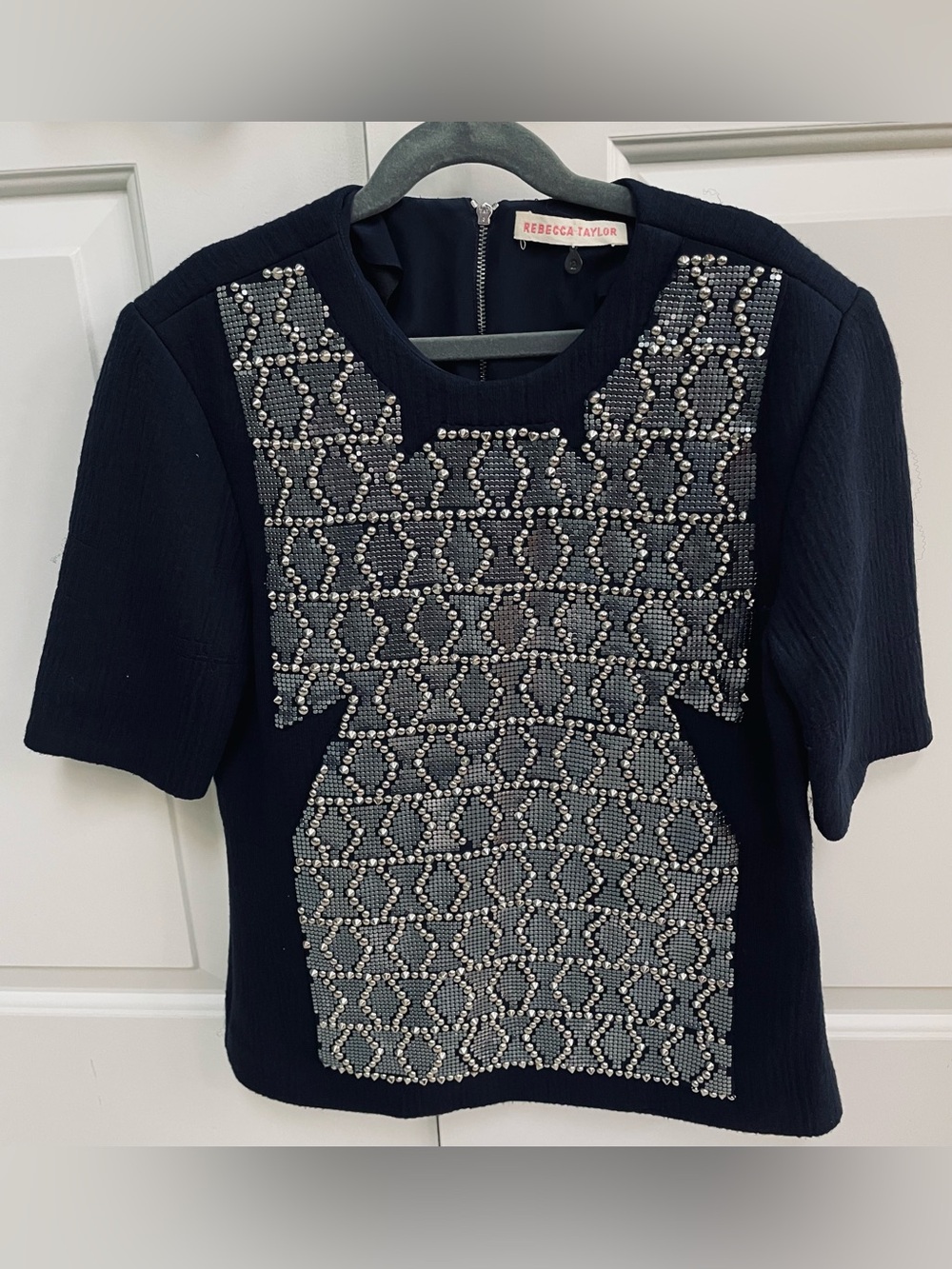 Rebecca Taylor 2013 Slither Embellished Studs Heavy Navy Knit Zip Back Tee Top